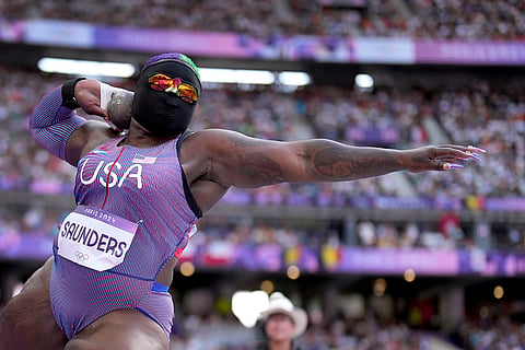 Raven Saunders, of the United States, competes in women's shot put qualification
